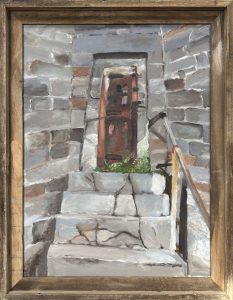 Eastern State Penitentiary Door, framed oil painting by ASPIE artist Jonathan Whitlock showing a rusted cell door at the top of stone steps