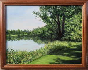 Erie Canal Splendor, framed acrylic painting by ASPIE artist David Allen of a still summer canal lined with trees and green grass