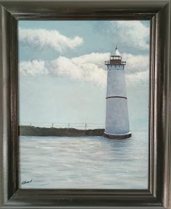 Guardian of the Shoals, framed acrylic painting by ASPIE artist David Allen of a white lighthouse at the end of a stone jetty under a cloudy sky