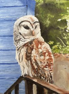 Owl, oil painting by ASPIE artist Jonathan Whitlock of a barred owl perched on a porch railing
