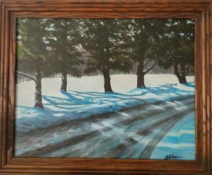 Stopping by Woods 1 Snowy Morn, framed acrylic painting by ASPIE artist David Allen of pine trees casting blue shadows across fresh snow beside a road