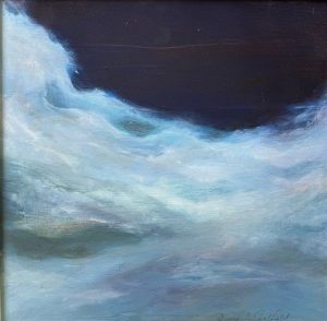The Quiet Surge, framed abstract acrylic painting by ASPIE artist Patricia Caulfield of a cresting blue and white wave against a dark night sky