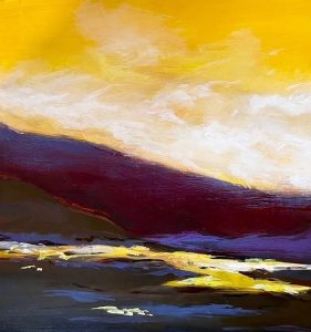 Twilight Glow, framed abstract acrylic painting by ASPIE artist Patricia Caulfield of a golden twilight sky glowing over dark purple hills